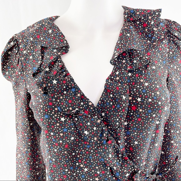 Madewell 100% Silk Ruffle Hem Wrap Top in Starry Night Blouse Size XS - Picture 3 of 9